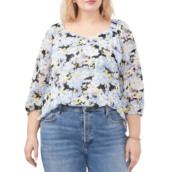 NWT Vince Camuto Floral Print V-Neck 3/4 Sleeve Elastic Shoulder Blouse - Picture 1 of 1
